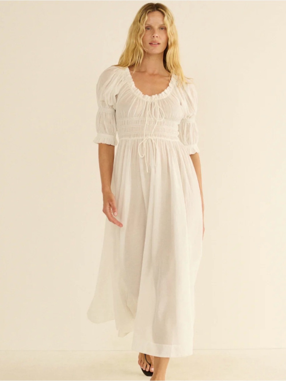Doen Ischia White Puff-Sleeve Maxi Dress with Smocked Bodice